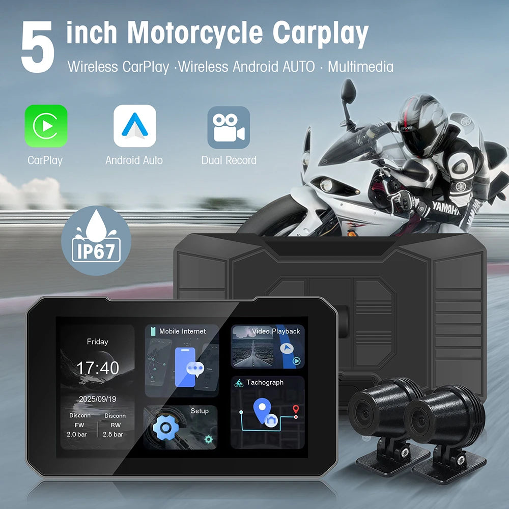 Pantalla de Moto 5" con CarPlay y Doble Dashcam